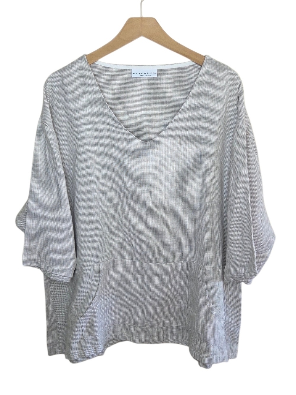 Bryn Walker Beige Linen Elbow Sleeve V-neck Tunic Top Kangaroo Pocket Size Small